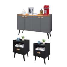Kit 2 Mesinhas Cabeceira Estilo Retrô Preto 1 Gaveta Nicho Decorativo e Buffet Kiev Cantinho Café Cinza/Cinamomo - RPM Móveis