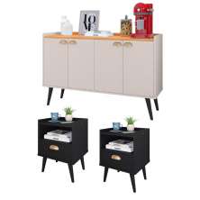 Kit 2 Mesinhas Cabeceira Estilo Retrô Preto 1 Gaveta Nicho Decorativo e Buffet Kiev Cantinho Café Off White/Cinamomo - RPM Móveis