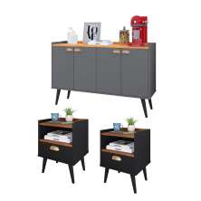 Kit 2 Mesinhas Cabeceira Estilo Retrô Preto/Freijó 1 Gaveta Nicho Decorativo e Buffet Kiev Cantinho Café Cinza/Cinamomo - RPM Móveis