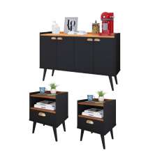 Kit 2 Mesinhas Cabeceira Estilo Retrô Preto/Freijó 1 Gaveta Nicho Decorativo e Buffet Kiev Cantinho Café Preto/Cinamomo - RPM Móveis