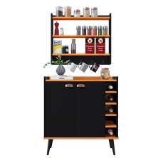 Kit Aparador Buffet Madero Barzinho Sala Jantar Armário Suspenso Amélia Ganchos Organizadores Cozinha - Preto/Cinamomo - RPM Móveis