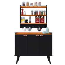 Kit Aparador Buffet Organizador Prateleira Interna Truzzi Armário Parede Porta Condimentos Cozinha Amélia - Preto/Cinamomo - RPM Móveis