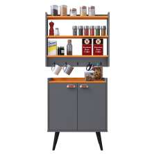 Kit Aparador Buffet Retrô 2 Portas Armário Suspenso Prateleiras Ganchos Organizadores Cozinha Pequena - Cinza/Cinamomo - RPM Móveis