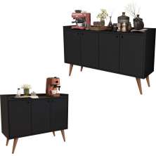 Kit Aparador Buffet Retrô 4 Portas Dallas e Aparador Buffet Retrô 3 Portas Wood - Preto