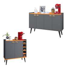 Kit Buffet Kiev Balcão 4 Portas Multiuso Retrô Cozinha e Aparador Madero Adega Cantinho Café Barzinho Sala - Cinza/Cinamomo - RPM
