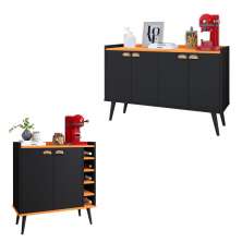 Kit Buffet Kiev Balcão 4 Portas Multiuso Retrô Cozinha e Aparador Madero Adega Cantinho Café Barzinho Sala - Preto/Cinamomo - Lojas RPM
