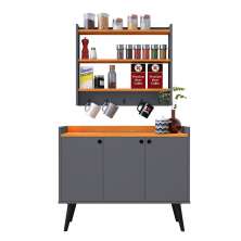 Kit Casa Completa Aparador Buffet 3 Portas Pés Palito Wood New Armário Suspenso Prateleiras Ganchos Organizadores Amélia - Cinza/Cinamomo - RPM Móveis