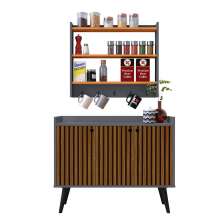 Kit Casa Completa Aparador Buffet 3 Portas Pés Palito Wood New Armário Suspenso Prateleiras Ganchos Organizadores Amélia - Cinza/Cinamomo - RPM Móveis