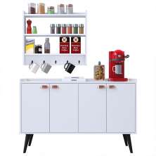 Kit Cozinha Sala Jantar Aparador Buffet Kiev Pés Palito Armário Parede Amélia Suspenso Prateleiras Organizadoras - Branco - RPM Móveis