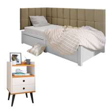 Kit Mesinha Dream Off White/Cinamomo Pés Retrô 2 Gavetas E Cabeceira Suspensa Lateral Aurora Bege Cama Box Solteiro - RPM Móveis 