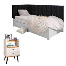 Kit Mesinha Dream Off White/Cinamomo Pés Retrô 2 Gavetas E Cabeceira Suspensa Lateral Aurora Preto Cama Box Solteiro - RPM Móveis 