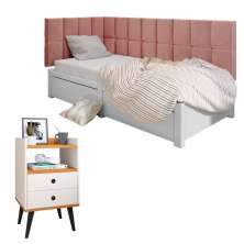 Kit Mesinha Dream Off White/Cinamomo Pés Retrô 2 Gavetas E Cabeceira Suspensa Lateral Aurora Rose Cama Box Solteiro - RPM Móveis 