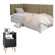 Kit Mesinha Dream Preto Pés Retrô 2 Gavetas E Cabeceira Suspensa Lateral Aurora Bege Cama Box Solteiro - RPM Móveis 