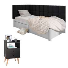 Kit Mesinha Dream Preto Pés Retrô 2 Gavetas E Cabeceira Suspensa Lateral Aurora Preto Cama Box Solteiro - RPM Móveis 