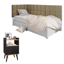 Kit Mesinha Dream Preto/Cinamomo Pés Retrô 2 Gavetas E Cabeceira Suspensa Lateral Aurora Bege Cama Box Solteiro - RPM Móveis 