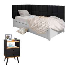 Kit Mesinha Dream Preto/Cinamomo Pés Retrô 2 Gavetas E Cabeceira Suspensa Lateral Aurora Preto Cama Box Solteiro - RPM Móveis 