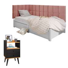 Kit Mesinha Dream Preto/Cinamomo Pés Retrô 2 Gavetas E Cabeceira Suspensa Lateral Aurora Rose Cama Box Solteiro - RPM Móveis 