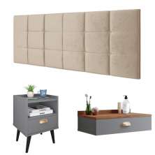 Kit Quarto Casal Penteadeira Suspensa Gloss Cinza-Freijó Mesinha Lateral Estilo Cinza Cabeceira Cama Box Queen Bia 1.60 Areia Suede - RPM Móveis