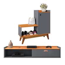 Kit Quarto Sapateira Shoes Banquinho Pés Madeira Rack Suspenso Home Decor Sala Decoração Casa Cinza/Cinamomo - RPM Móveis