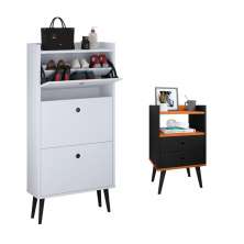 Kit Quarto Sapateira Vertical 3 Gavetas Basculantes Dark Branco e Mesinha Lateral Pequena Nicho Organizador Dream Preto/Cinamomo – RPM