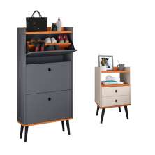 Kit Quarto Sapateira Vertical 3 Gavetas Basculantes Dark Cinza/Cinamomo e Mesinha Lateral Pequena Nicho Organizador Dream Off White/Cinamomo – RPM