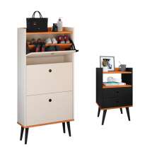 Kit Quarto Sapateira Vertical 3 Gavetas Basculantes Dark Off White/Cinamomo e Mesinha Lateral Pequena Nicho Organizador Dream Preto/Cinamomo – RPM