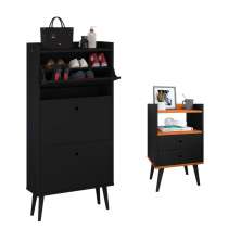 Kit Quarto Sapateira Vertical 3 Gavetas Basculantes Dark Preto e Mesinha Lateral Pequena Nicho Organizador Dream Preto/Cinamomo – RPM