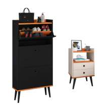 Kit Quarto Sapateira Vertical 3 Gavetas Basculantes Dark Preto/Cinamomo e Mesinha Lateral Pequena com Nicho Organizador Dream Off White/Cinamomo – RPM