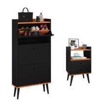 Kit Quarto Sapateira Vertical 3 Gavetas Basculantes Dark e Mesinha Lateral Pequena com Nicho Organizador Dream - Preto/Cinamomo – RPM
