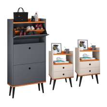 Kit Sapateira Vertical 3 Gavetas Basculantes Dark Cinza/Cinamomo e 2 Mesinhas Canto Quarto Nicho Decorativo Dream Off White/Cinamomo RPM