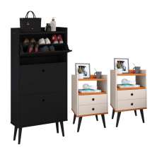 Kit Sapateira Vertical 3 Gavetas Basculantes Dark Preto e 2 Mesinhas Canto Quarto Nicho Decorativo Dream Off White/Cinamomo RPM