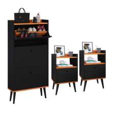 Kit Sapateira Vertical 3 Gavetas Basculantes Dark e 2 Mesinhas Canto Quarto Nicho Decorativo Dream - Preto/Cinamomo- RPM