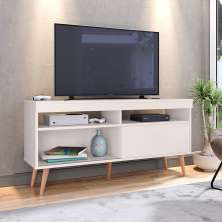Rack Bancada Estilo Retrô TV Até 55 Polegadas Porta de Correr e Pés Palito Sala Pequena Samba - Off White- RPM Móveis