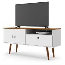 Rack Bancada Topazio TV 55 Polegadas Nicho Porta Basculante Pés Madeira Retrô Aparador Decoração Sala Estar Quarto Pequeno – Branco/Cumarú - RPM