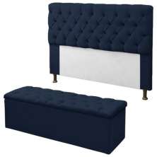 Kit Cabeceira + Baú Mirage Casal 140cm Suede Azul Marinho