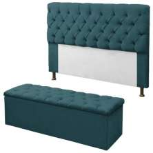 Kit Cabeceira + Baú Mirage Casal 140cm Suede Azul Turquesa