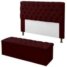 Kit Cabeceira + Baú Mirage Casal 140cm Suede Bordô