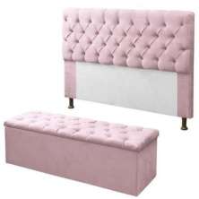 Kit Cabeceira + Baú Mirage Casal 140cm Suede Rosê