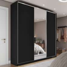 Guarda-Roupa Solteiro com Espelho Zermatt 100% MDF  3 Portas 3 Gavetas Preto