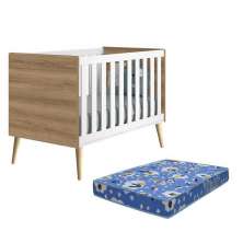 Berço Americano Theo Pés Madeira Natural Branco Fosco/Mezzo com Colchão D18 - Reller Móveis