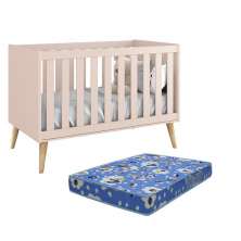 Berço Americano Theo Pés Madeira Natural Rosa Fosco com Colchão D18 - Reller Móveis