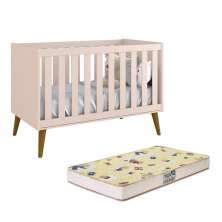 Berço Mini Cama Theo Retrô Rosa Fosco com Pés Amadeirado e Colchão D18 - Reller Móveis