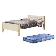 Cama Solteiro Simba Areia Fosco com Pés Madeira Natural e Colchão D20 - Reller Móveis 