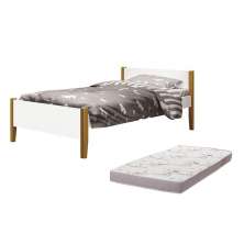 Cama Solteiro Simba Branco Fosco Pés Amadeirado com Colchão D20 - Reller Móveis