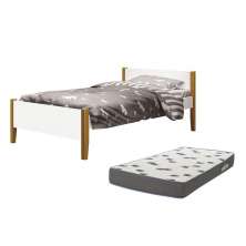 Cama Solteiro Simba Branco Fosco Pés Amadeirado com Colchão D33 - Reller Móveis