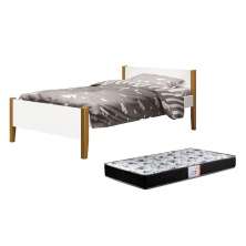 Cama Solteiro Simba Branco Fosco com Pés Amadeirado e Colchão D33 - Reller Móveis