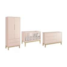 Dormitório Classic 2 Portas e Cômoda com Porta Rosa com Pés Madeira Natural - Reller Móveis 