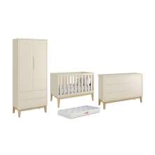 Dormitório Classic 2 Portas, Cômoda com Porta Areia Fosco com Pés Madeira Natural e Colchão D18 - Reller Móveis 
