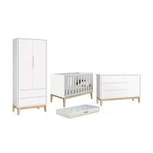 Dormitório Classic 2 Portas, Cômoda com Porta Branco com Pés Madeira Natural e Colchão D18 - Reller Móveis 