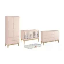 Dormitório Classic 2 Portas, Cômoda com Porta Rosa com Pés Madeira Natural e Colchão D18 - Reller Móveis